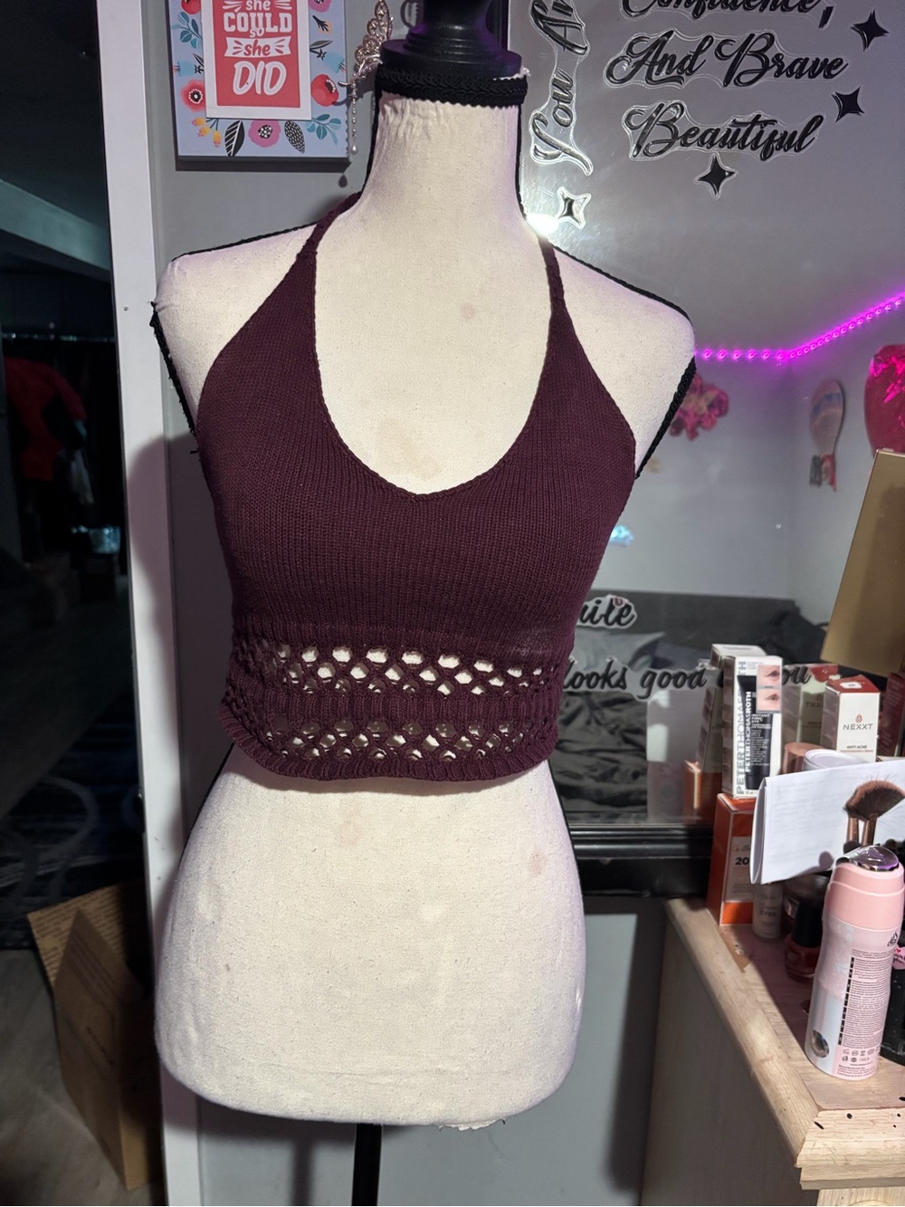 La Hearts Burgundy Crochet Hem Halter Crop Top